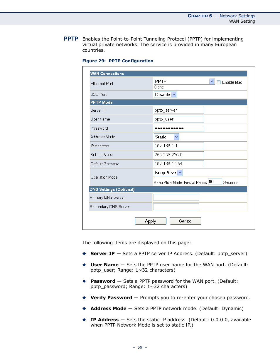 Pptp, Figure 29: pptp configuration | SMC Networks BARRICADETM N SMCWBR11S-3GN User Manual | Page 59 / 138