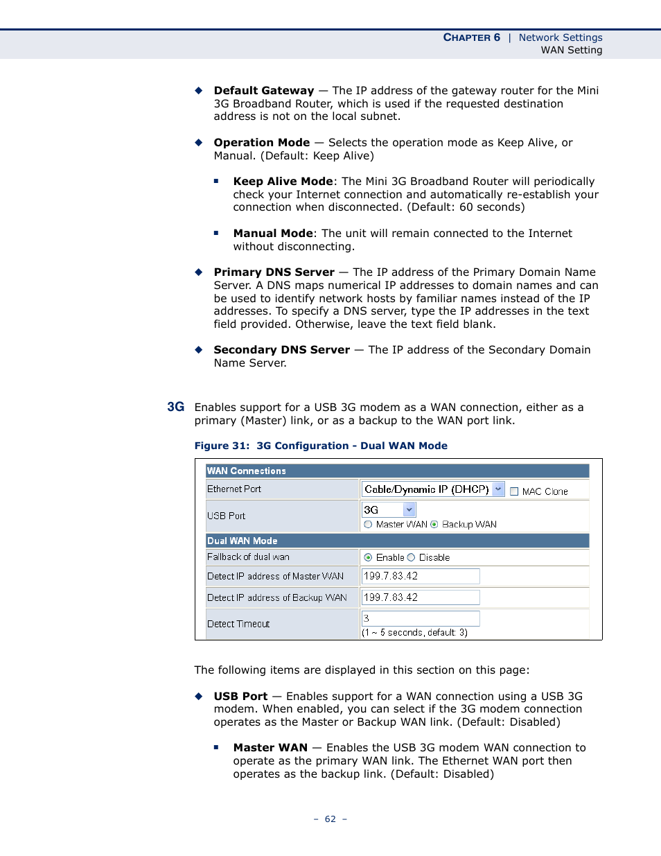 Figure 31: 3g configuration - dual wan mode | SMC Networks BARRICADETM N SMCWBR11S-3GN User Manual | Page 62 / 138