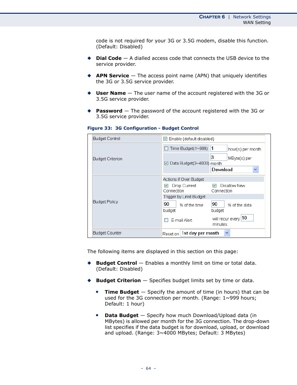 Figure 33: 3g configuration - budget control | SMC Networks BARRICADETM N SMCWBR11S-3GN User Manual | Page 64 / 138