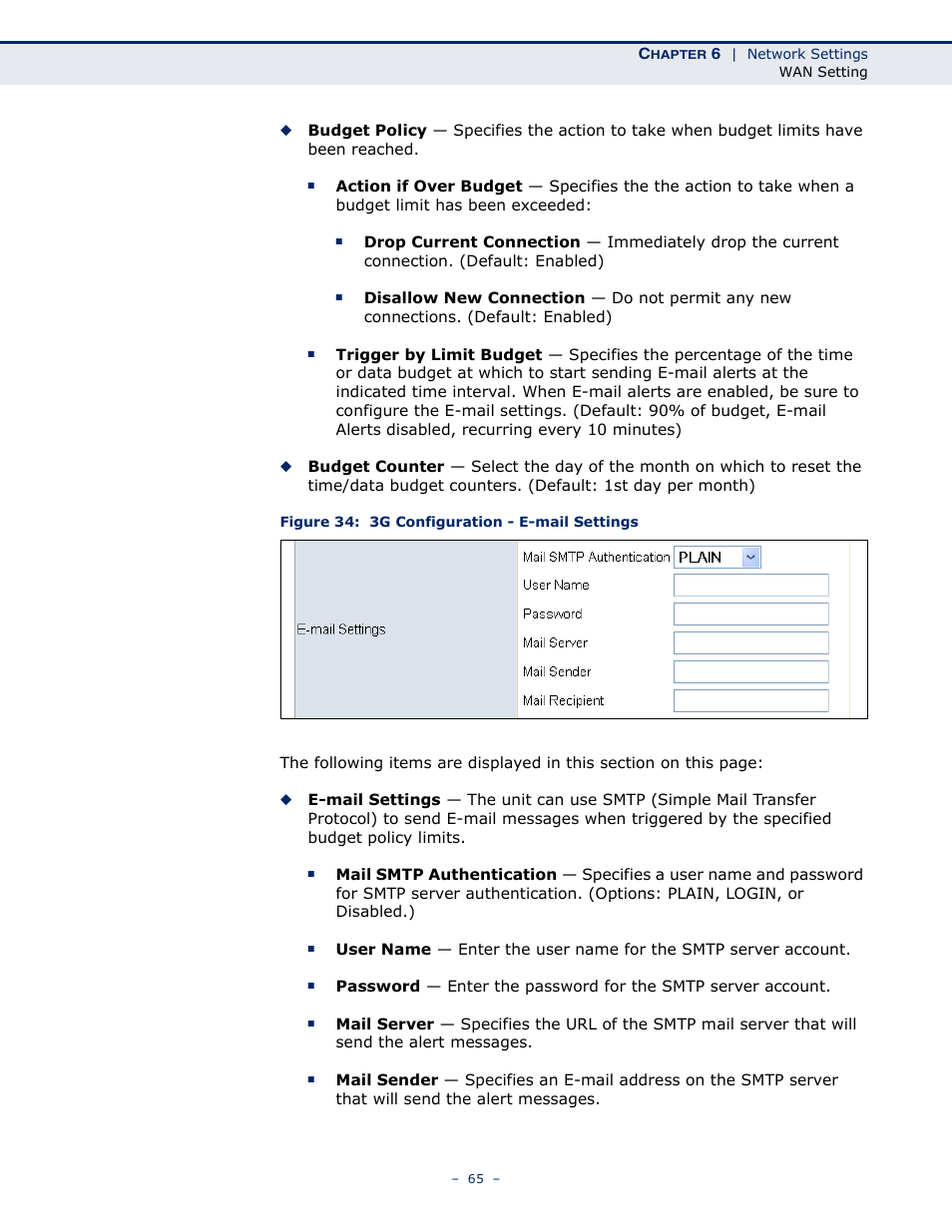 Figure 34: 3g configuration - e-mail settings | SMC Networks BARRICADETM N SMCWBR11S-3GN User Manual | Page 65 / 138