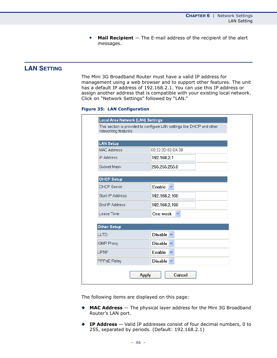 Lan setting, Figure 35: lan configuration, Lan s | SMC Networks BARRICADETM N SMCWBR11S-3GN User Manual | Page 66 / 138