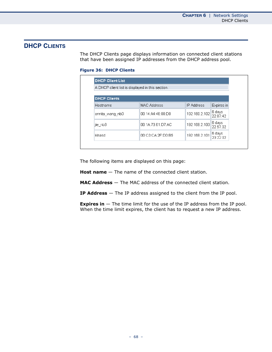 Dhcp clients, Figure 36: dhcp clients, Dhcp c | SMC Networks BARRICADETM N SMCWBR11S-3GN User Manual | Page 68 / 138