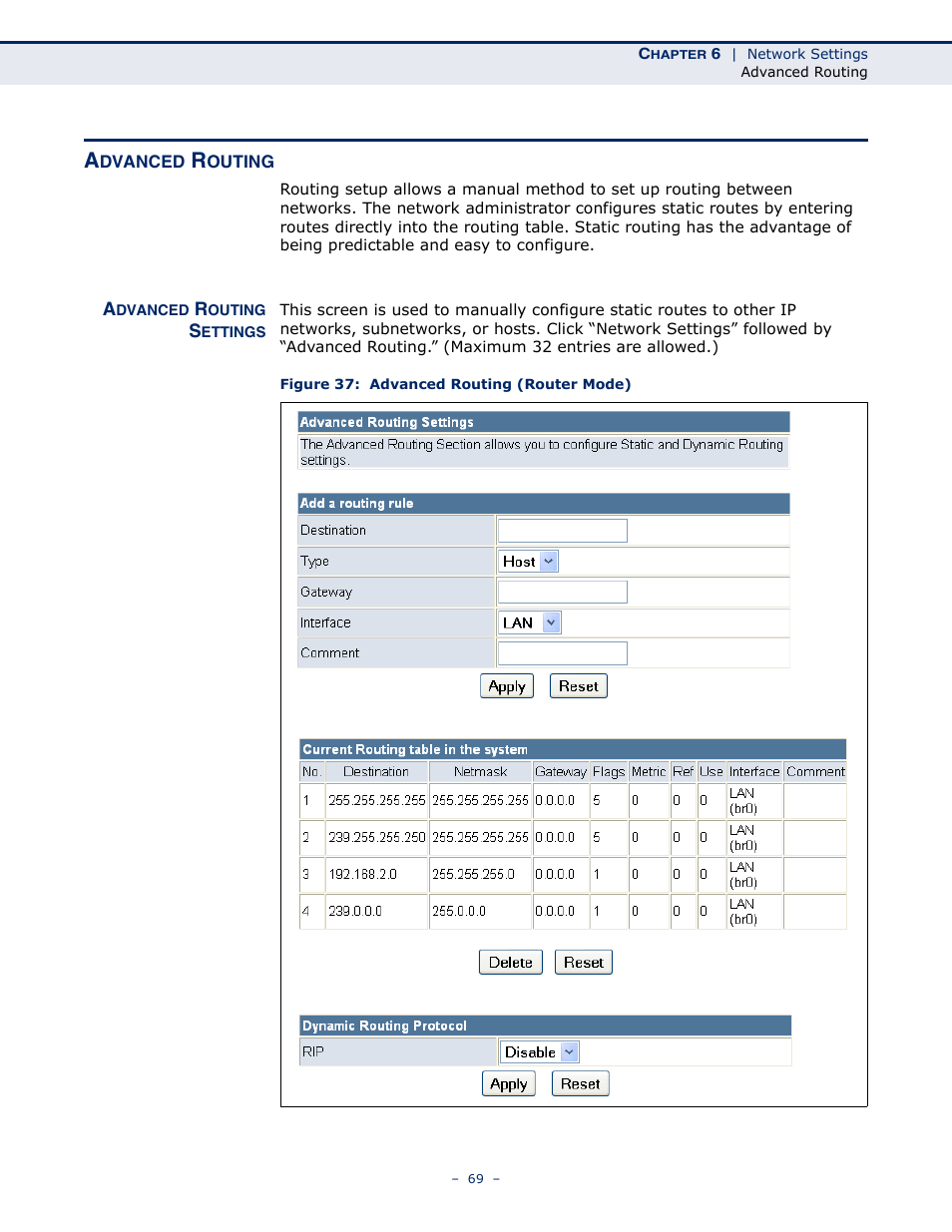 Advanced routing, Advanced routing settings, Figure 37: advanced routing (router mode) | SMC Networks BARRICADETM N SMCWBR11S-3GN User Manual | Page 69 / 138