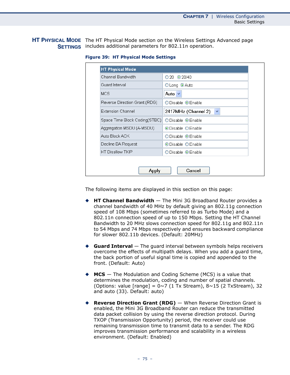 Ht physical mode settings, Figure 39: ht physical mode settings | SMC Networks BARRICADETM N SMCWBR11S-3GN User Manual | Page 75 / 138