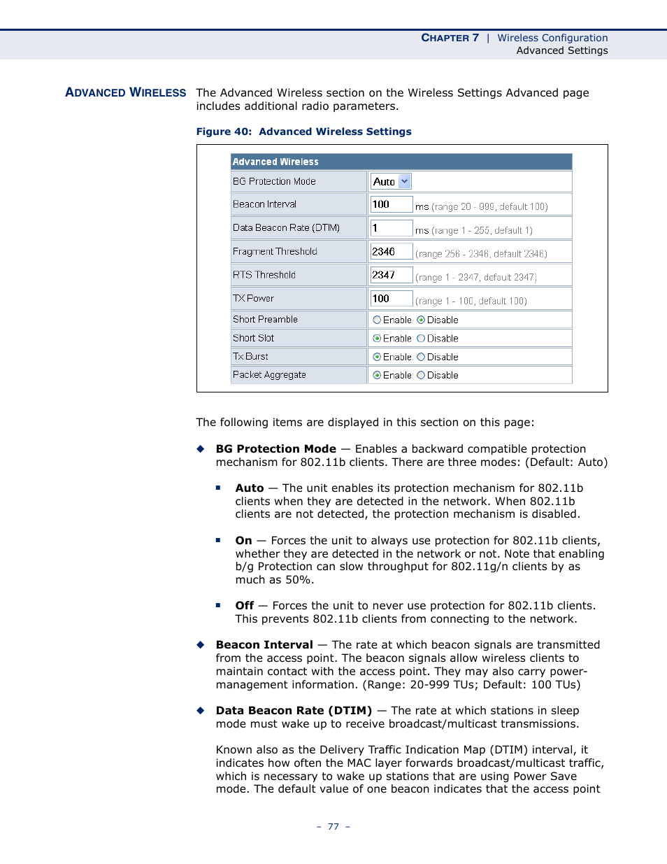 Advanced wireless, Figure 40: advanced wireless settings | SMC Networks BARRICADETM N SMCWBR11S-3GN User Manual | Page 77 / 138