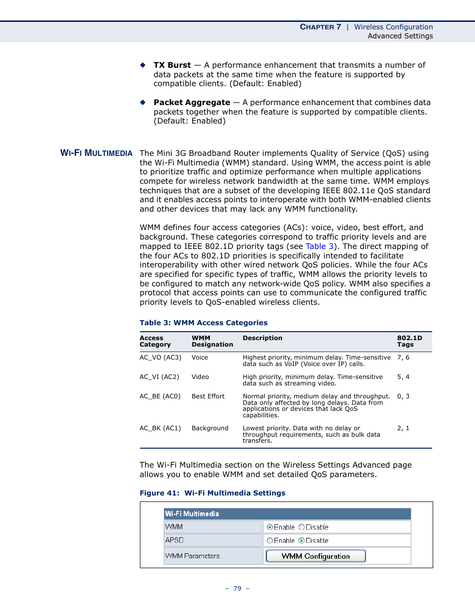 Wi-fi multimedia, Figure 41: wi-fi multimedia settings, Table 3: wmm access categories | SMC Networks BARRICADETM N SMCWBR11S-3GN User Manual | Page 79 / 138