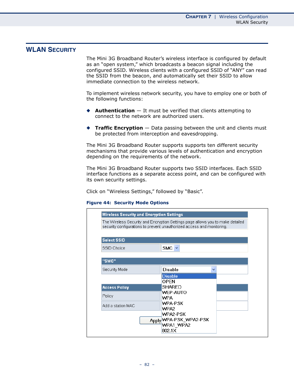 Wlan security, Figure 44: security mode options, Wlan s | SMC Networks BARRICADETM N SMCWBR11S-3GN User Manual | Page 82 / 138