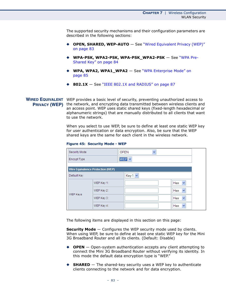 Wired equivalent privacy (wep), Figure 45: security mode - wep | SMC Networks BARRICADETM N SMCWBR11S-3GN User Manual | Page 83 / 138