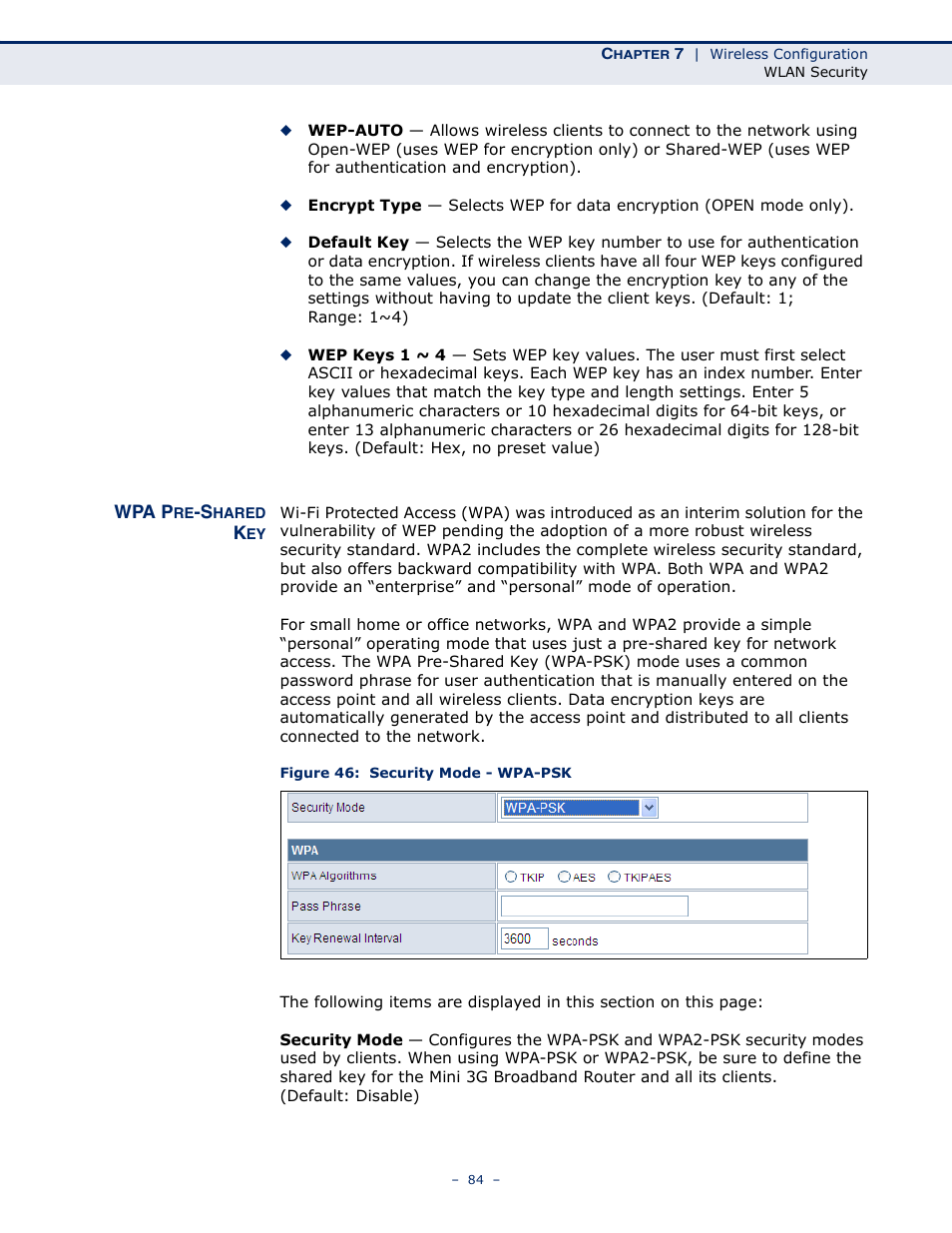 Wpa pre-shared key, Figure 46: security mode - wpa-psk, Wpa pre | SMC Networks BARRICADETM N SMCWBR11S-3GN User Manual | Page 84 / 138