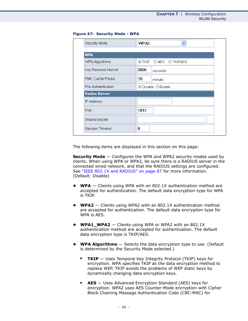 Figure 47: security mode - wpa | SMC Networks BARRICADETM N SMCWBR11S-3GN User Manual | Page 86 / 138