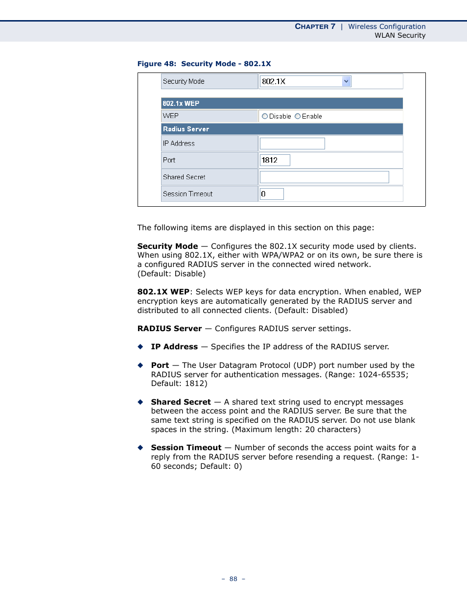 Figure 48: security mode - 802.1x | SMC Networks BARRICADETM N SMCWBR11S-3GN User Manual | Page 88 / 138