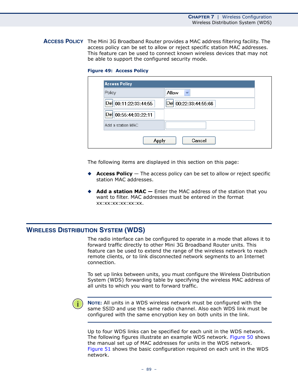 Access policy, Wireless distribution system (wds), Figure 49: access policy | Wds) | SMC Networks BARRICADETM N SMCWBR11S-3GN User Manual | Page 89 / 138