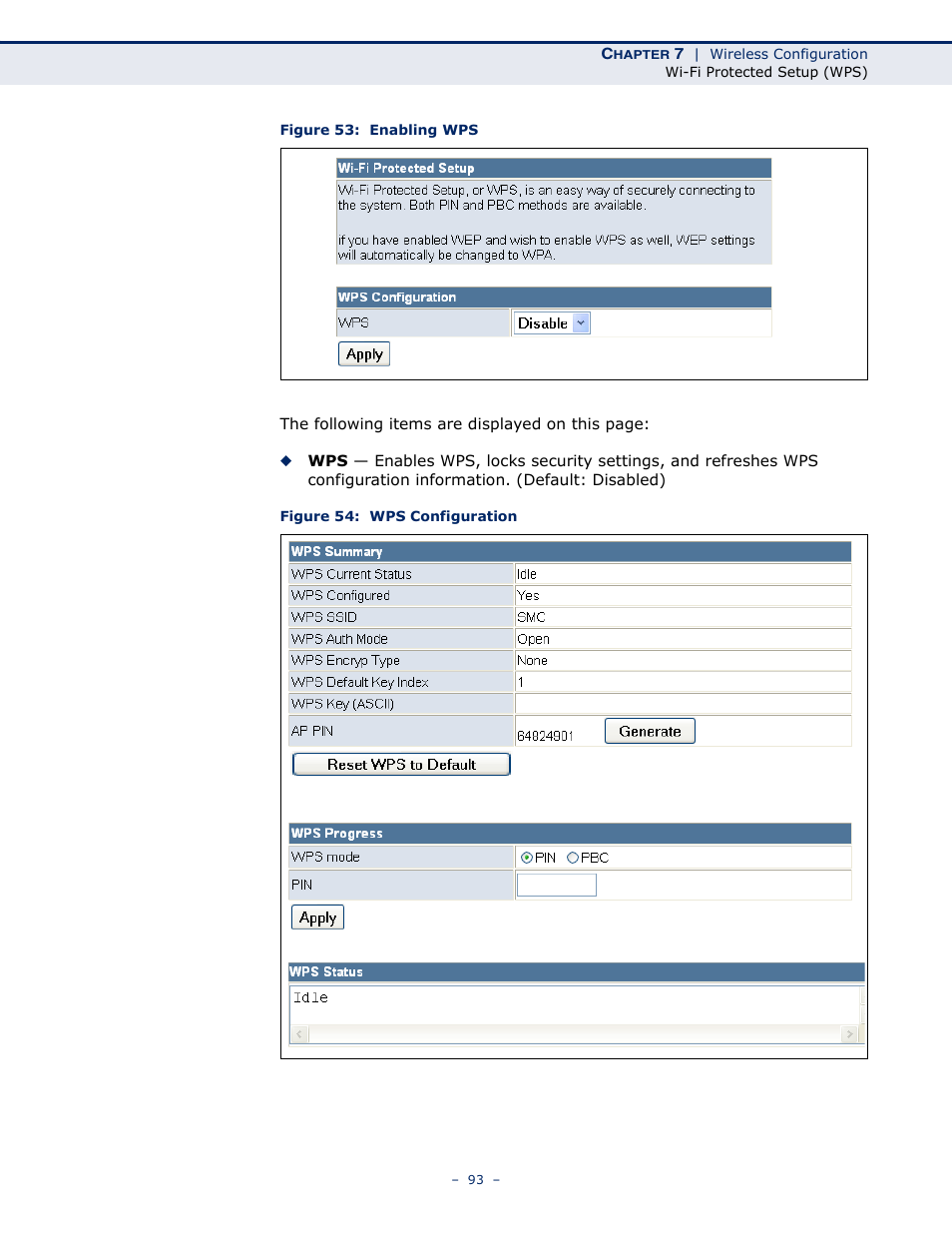 Figure 53: enabling wps, Figure 54: wps configuration | SMC Networks BARRICADETM N SMCWBR11S-3GN User Manual | Page 93 / 138