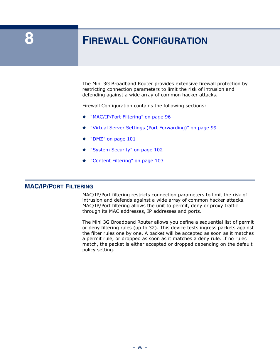 Firewall configuration, Mac/ip/port filtering, Irewall | Onfiguration | SMC Networks BARRICADETM N SMCWBR11S-3GN User Manual | Page 96 / 138