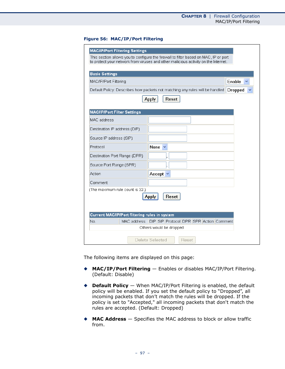 Figure 56: mac/ip/port filtering | SMC Networks BARRICADETM N SMCWBR11S-3GN User Manual | Page 97 / 138