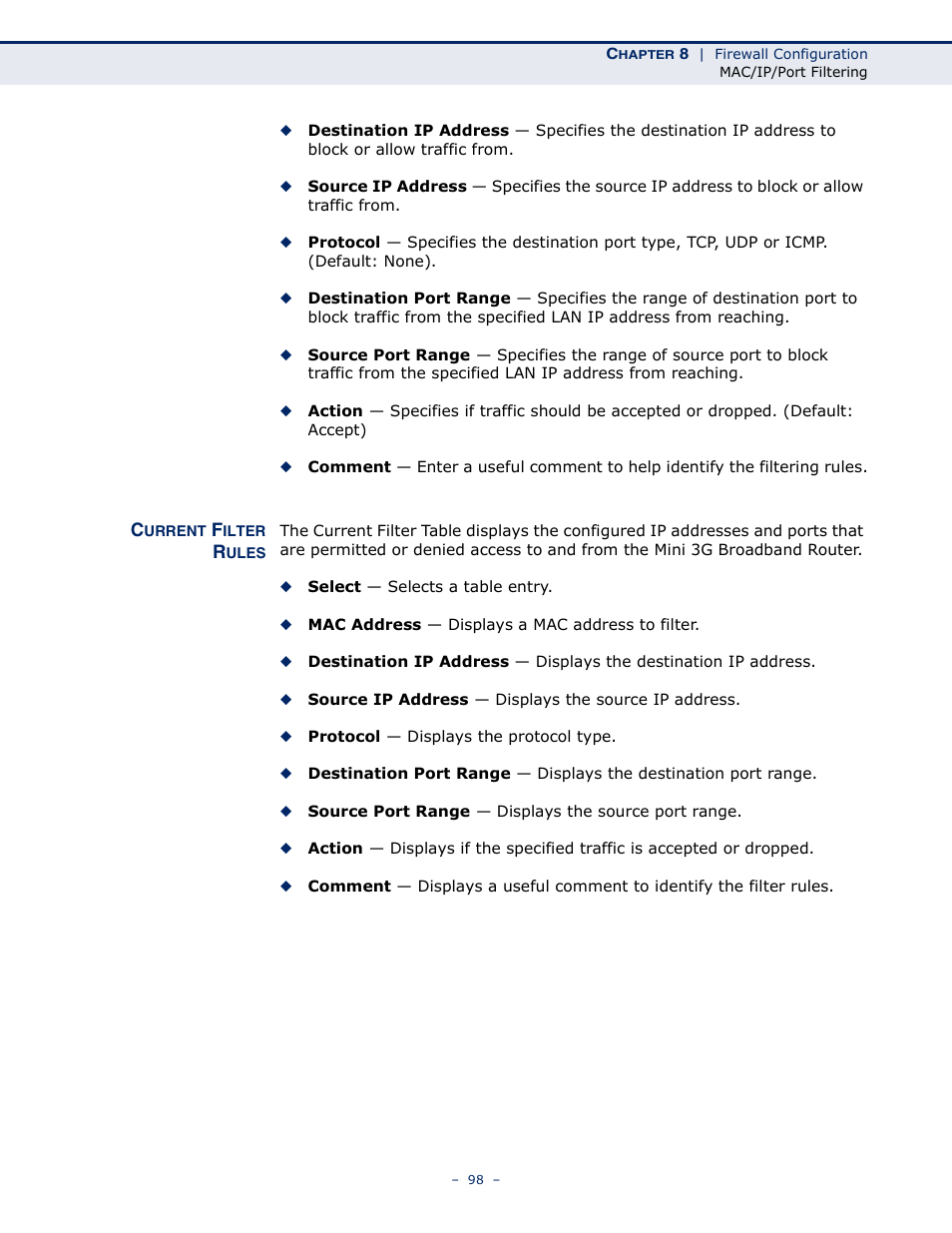 Current filter rules | SMC Networks BARRICADETM N SMCWBR11S-3GN User Manual | Page 98 / 138