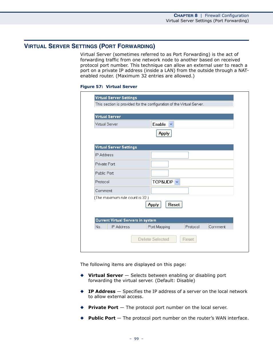 Virtual server settings (port forwarding), Figure 57: virtual server | SMC Networks BARRICADETM N SMCWBR11S-3GN User Manual | Page 99 / 138