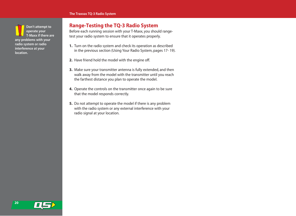 Range-testing the tq-3 radio system | SMC Networks T-Maxx 4910 User Manual | Page 20 / 48
