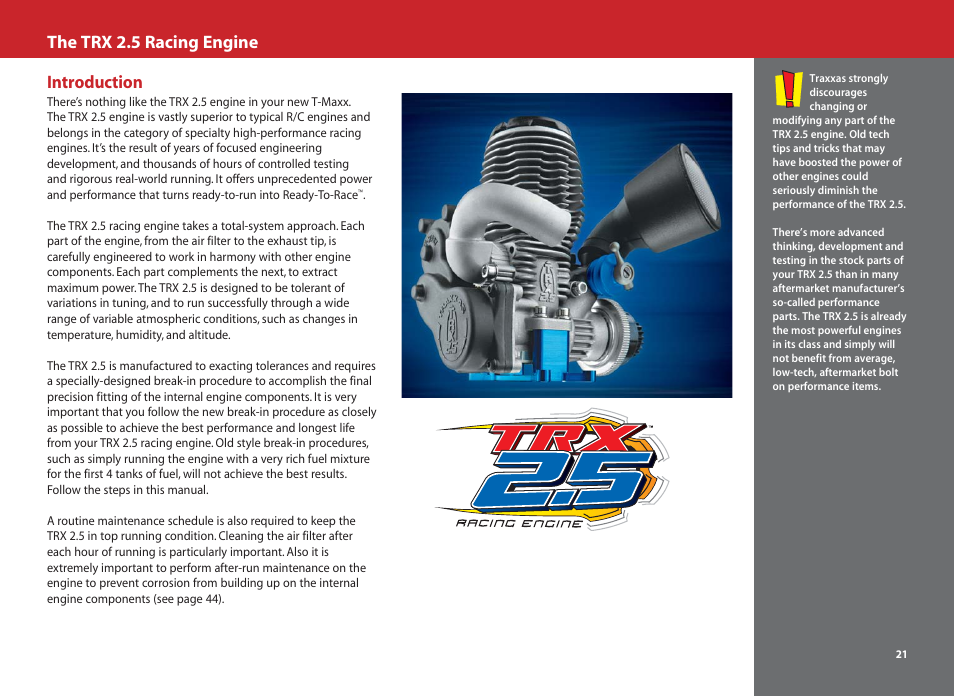 Introduction, The trx 2.5 racing engine | SMC Networks T-Maxx 4910 User Manual | Page 21 / 48