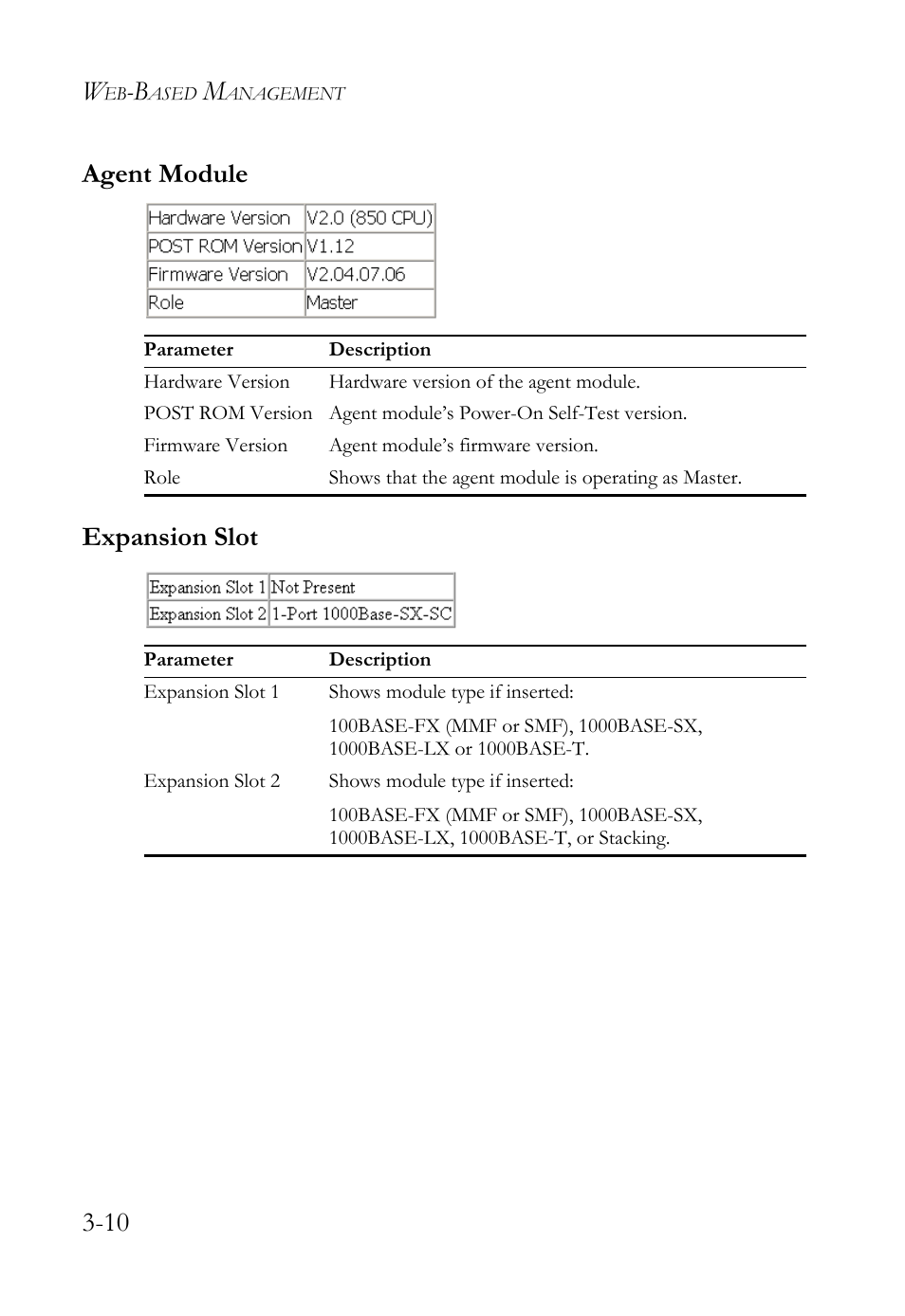 Agent module, Expansion slot, Agent module -10 | Expansion slot -10, 10 agent module expansion slot | SMC Networks TigerStack 100 1000BASE-X User Manual | Page 104 / 178