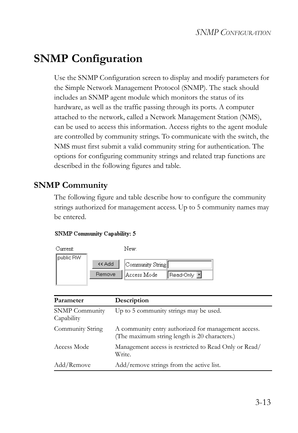Snmp configuration, Snmp community, Snmp configuration -13 | Snmp community -13, Snmp c | SMC Networks TigerStack 100 1000BASE-X User Manual | Page 107 / 178