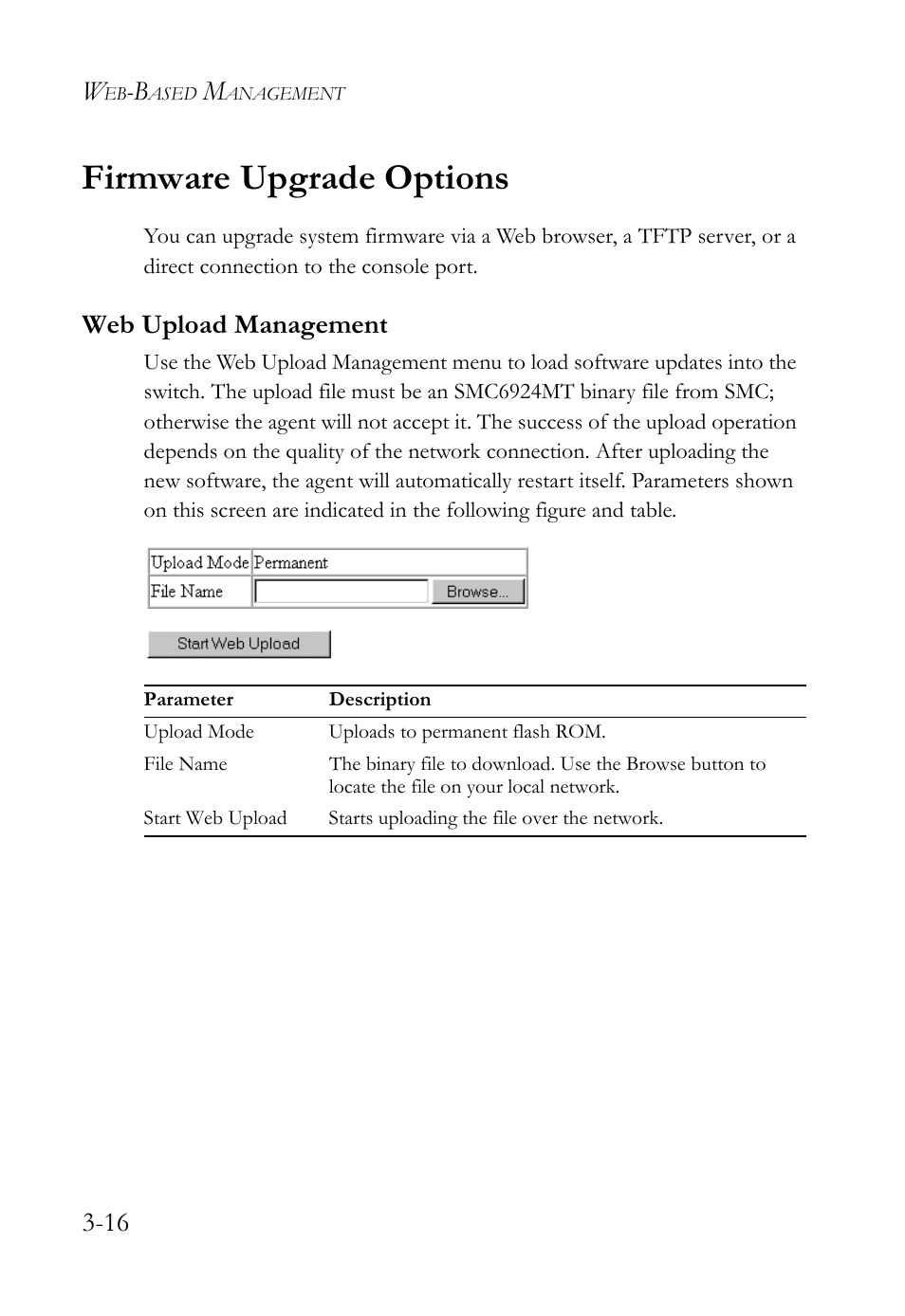 Firmware upgrade options, Web upload management, Firmware upgrade options -16 | Web upload management -16 | SMC Networks TigerStack 100 1000BASE-X User Manual | Page 110 / 178