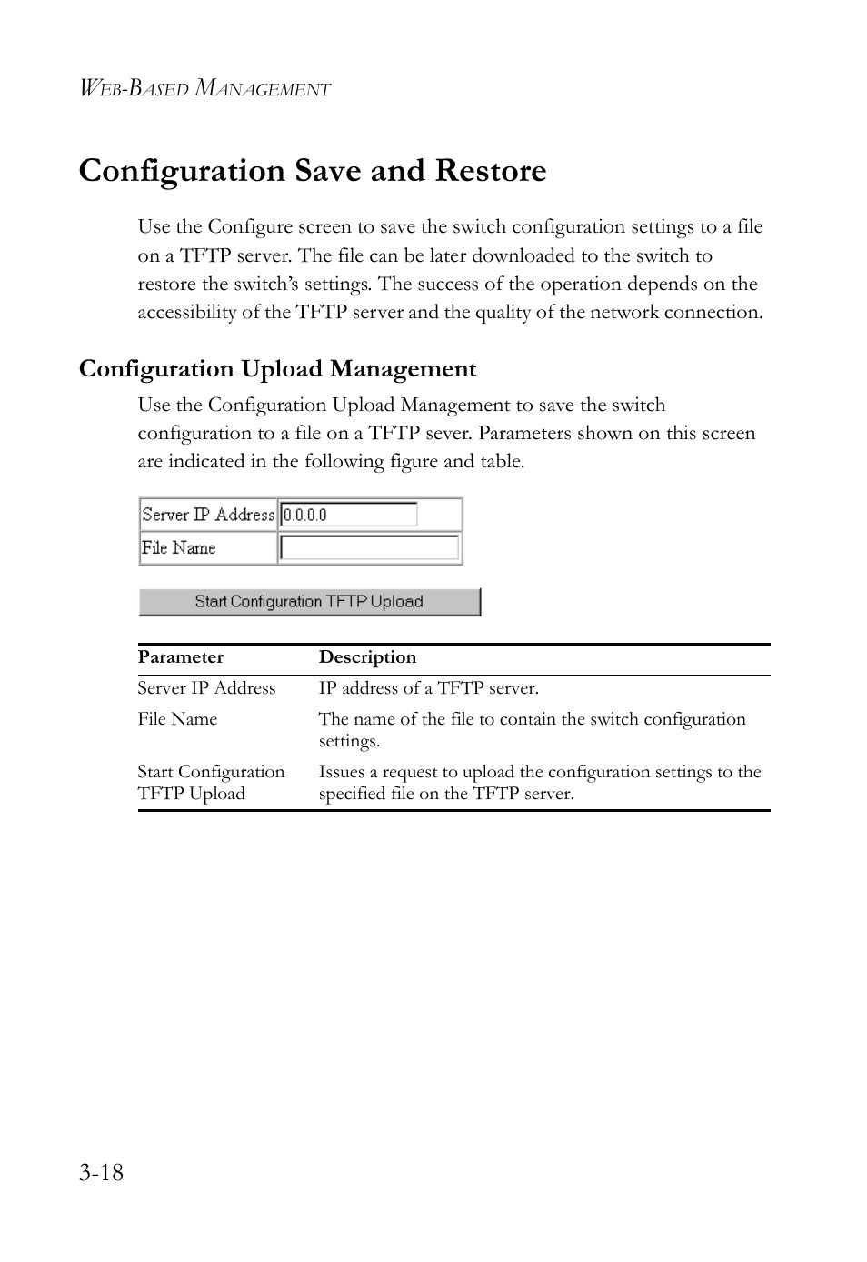 Configuration save and restore, Configuration upload management, Configuration save and restore -18 | Configuration upload management -18 | SMC Networks TigerStack 100 1000BASE-X User Manual | Page 112 / 178