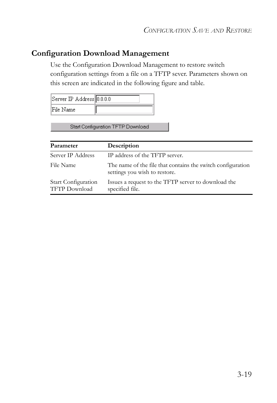 Configuration download management, Configuration download management -19, 19 configuration download management | SMC Networks TigerStack 100 1000BASE-X User Manual | Page 113 / 178