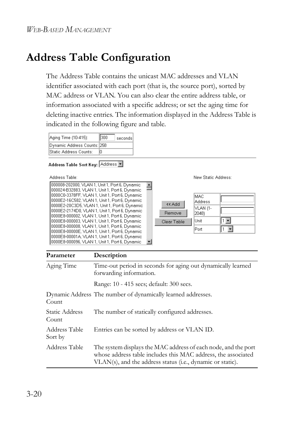 Address table configuration, Address table configuration -20 | SMC Networks TigerStack 100 1000BASE-X User Manual | Page 114 / 178