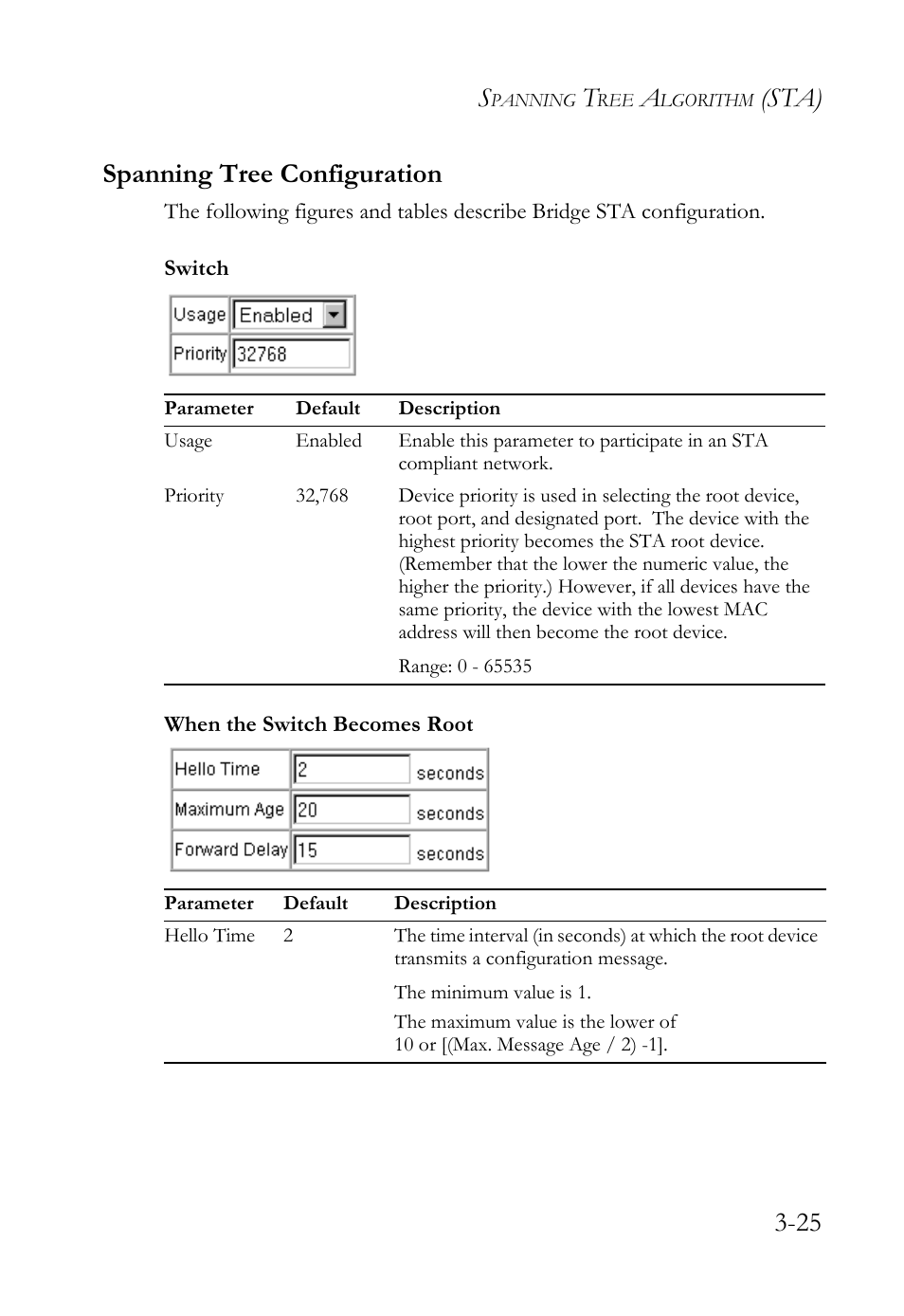 Spanning tree configuration, Switch, When the switch becomes root | Spanning tree configuration -25, Switch -25 when the switch becomes root -25, Sta) 3-25 spanning tree configuration | SMC Networks TigerStack 100 1000BASE-X User Manual | Page 119 / 178