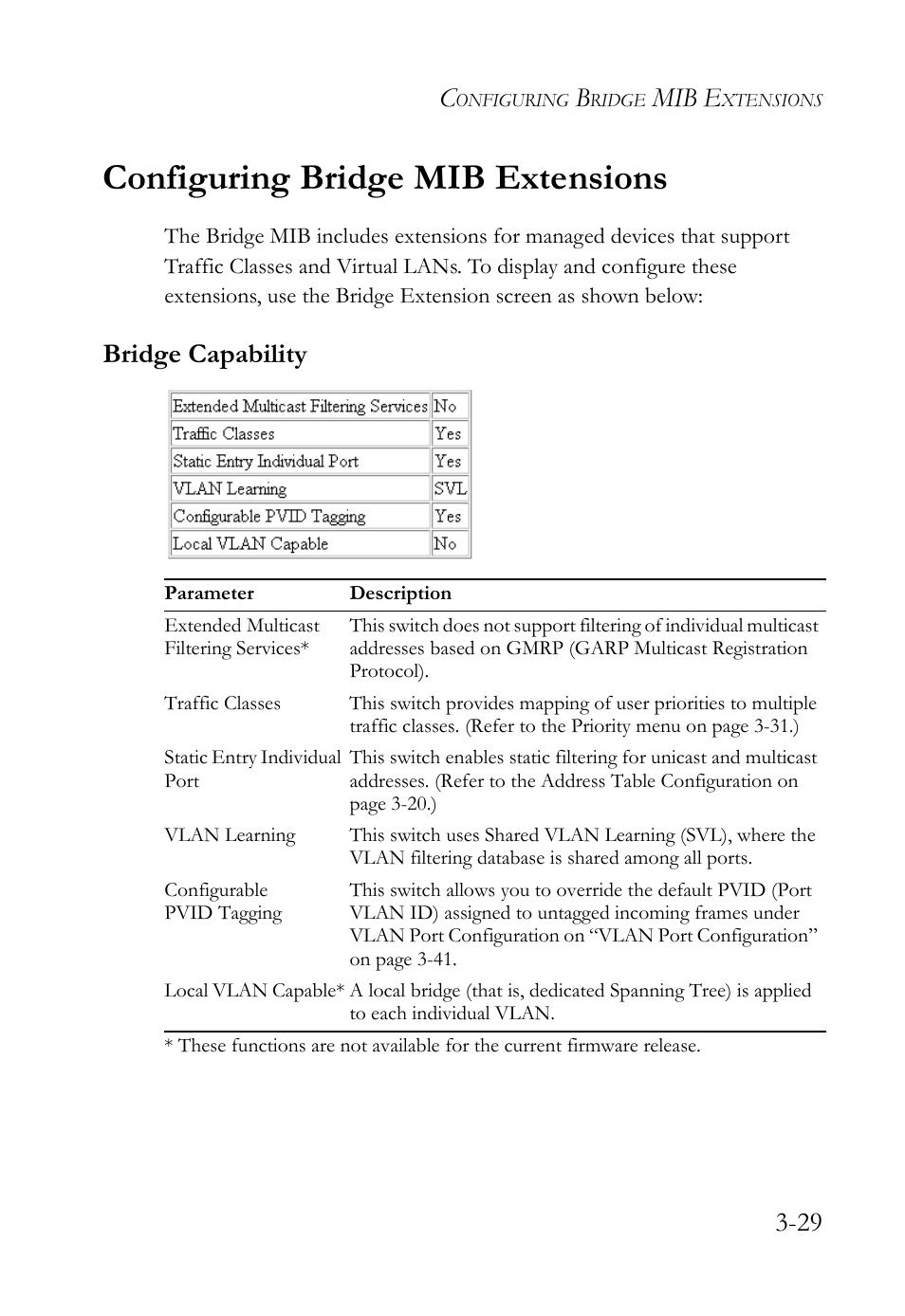 Configuring bridge mib extensions, Bridge capability, Configuring bridge mib extensions -29 | Bridge capability -29, Mib e | SMC Networks TigerStack 100 1000BASE-X User Manual | Page 123 / 178