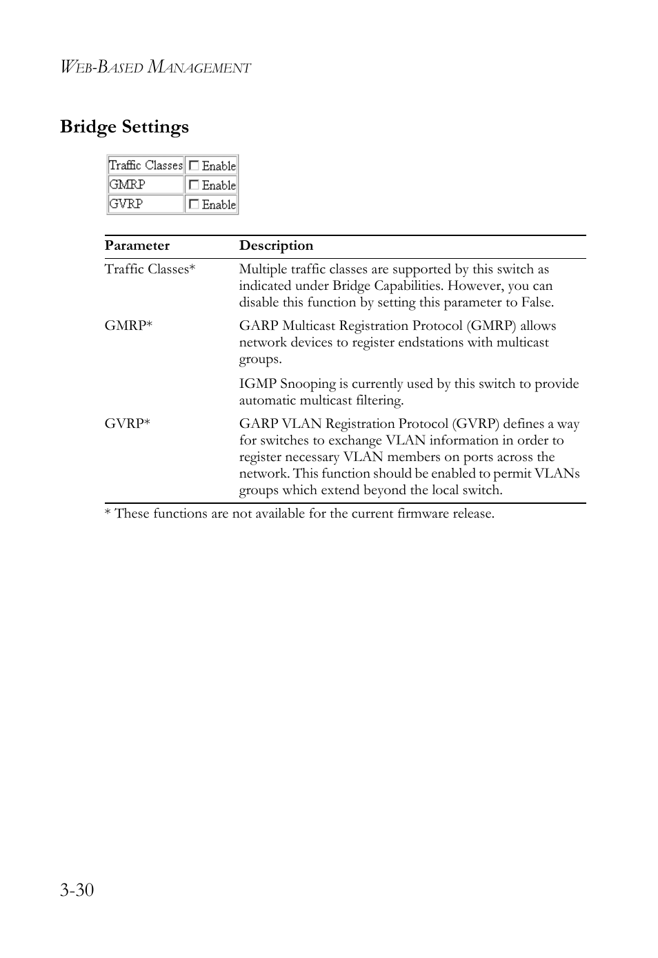 Bridge settings, Bridge settings -30, 30 bridge settings | SMC Networks TigerStack 100 1000BASE-X User Manual | Page 124 / 178