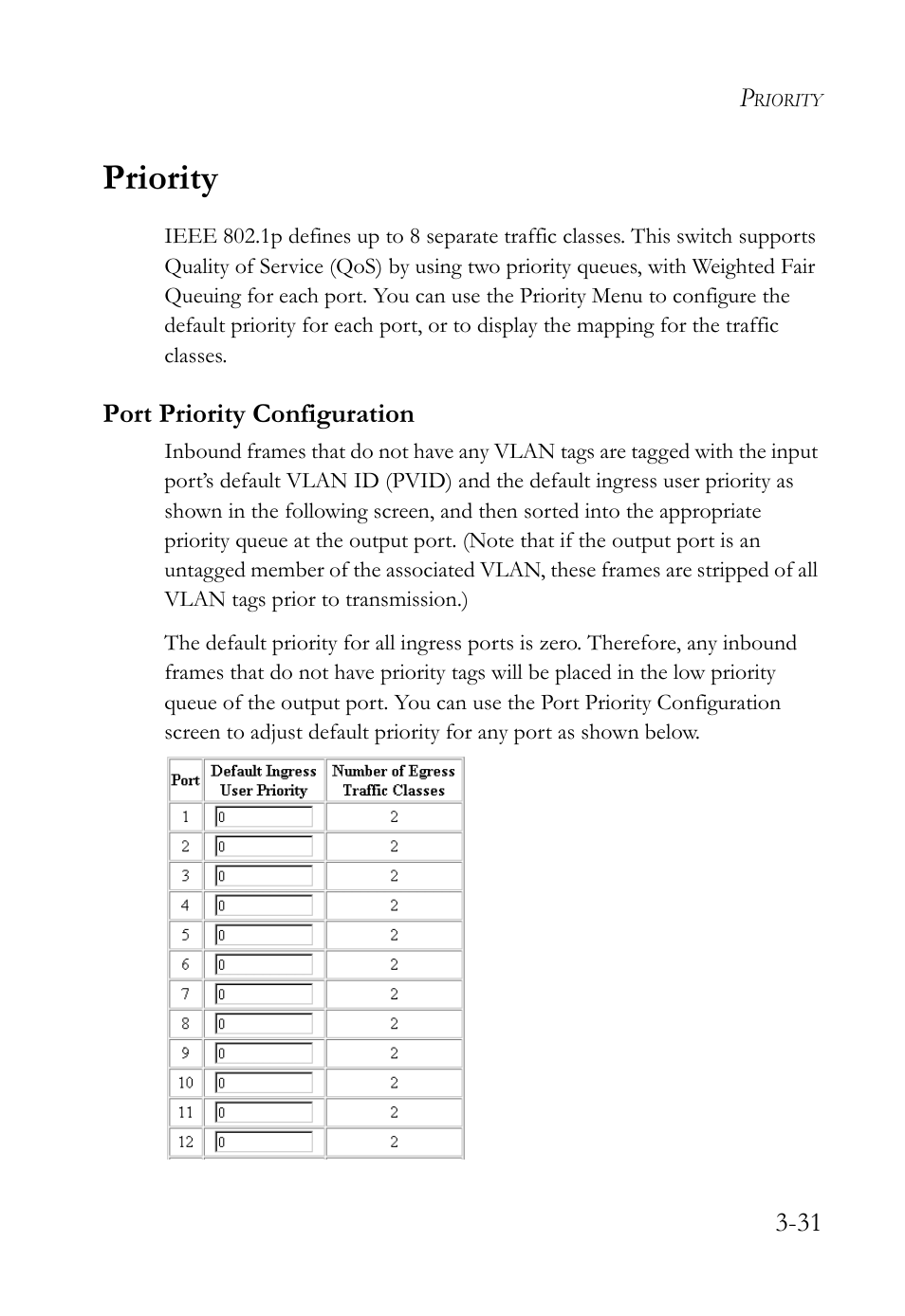 Priority, Port priority configuration, Priority -31 | Port priority configuration -31 | SMC Networks TigerStack 100 1000BASE-X User Manual | Page 125 / 178