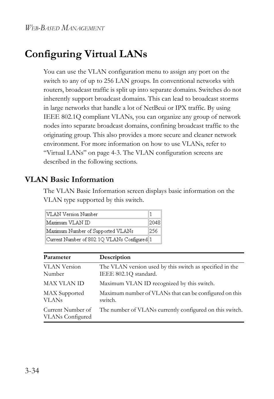 Configuring virtual lans, Vlan basic information, Configuring virtual lans -34 | Vlan basic information -34 | SMC Networks TigerStack 100 1000BASE-X User Manual | Page 128 / 178