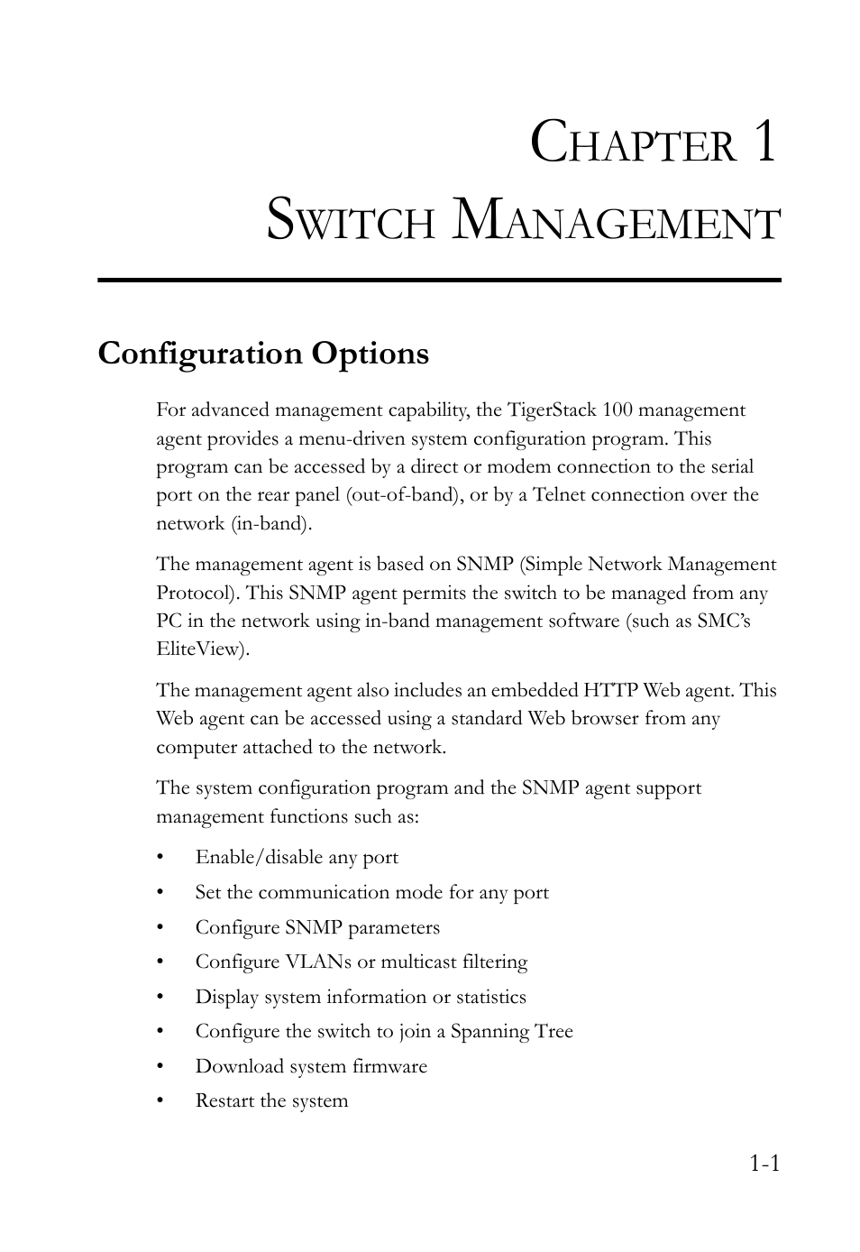 Chapter 1 switch management, Configuration options, Switch management -1 | Configuration options -1, Hapter, Witch, Anagement | SMC Networks TigerStack 100 1000BASE-X User Manual | Page 13 / 178