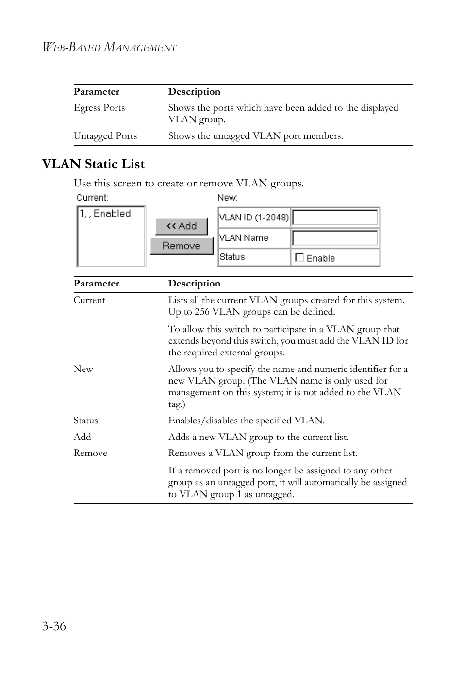 Vlan static list, Vlan static list -36, 36 vlan static list | SMC Networks TigerStack 100 1000BASE-X User Manual | Page 130 / 178