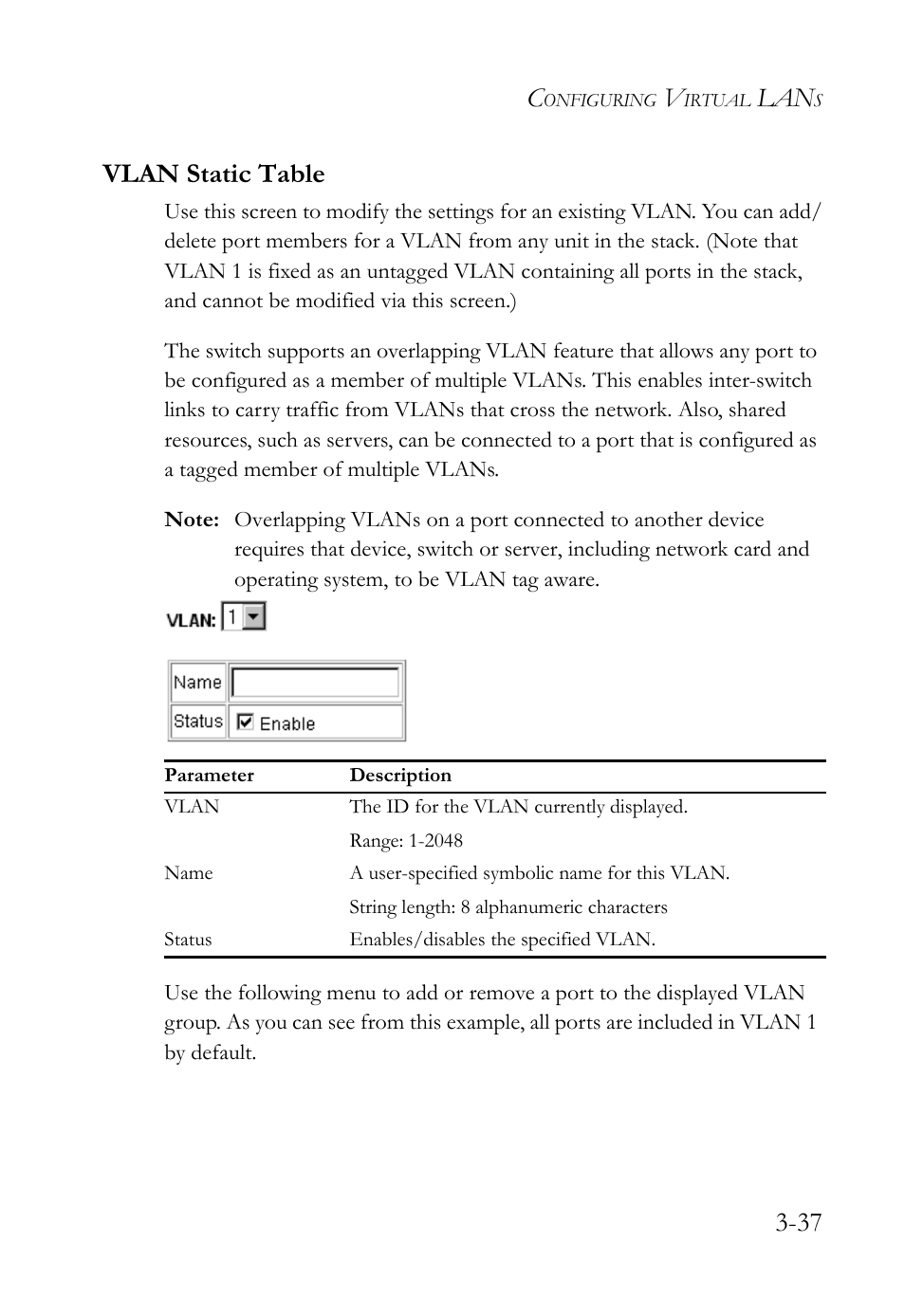 Vlan static table, Vlan static table -37, 37 vlan static table | SMC Networks TigerStack 100 1000BASE-X User Manual | Page 131 / 178