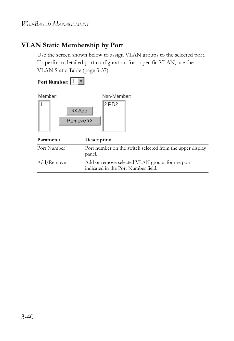 Vlan static membership by port, Vlan static membership by port -40, 40 vlan static membership by port | SMC Networks TigerStack 100 1000BASE-X User Manual | Page 134 / 178