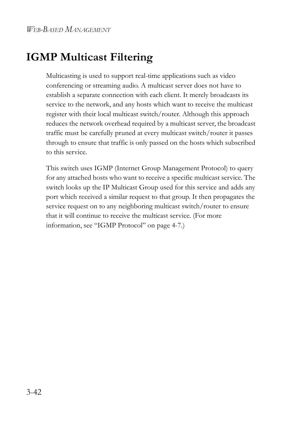 Igmp multicast filtering, Igmp multicast filtering -42 | SMC Networks TigerStack 100 1000BASE-X User Manual | Page 136 / 178