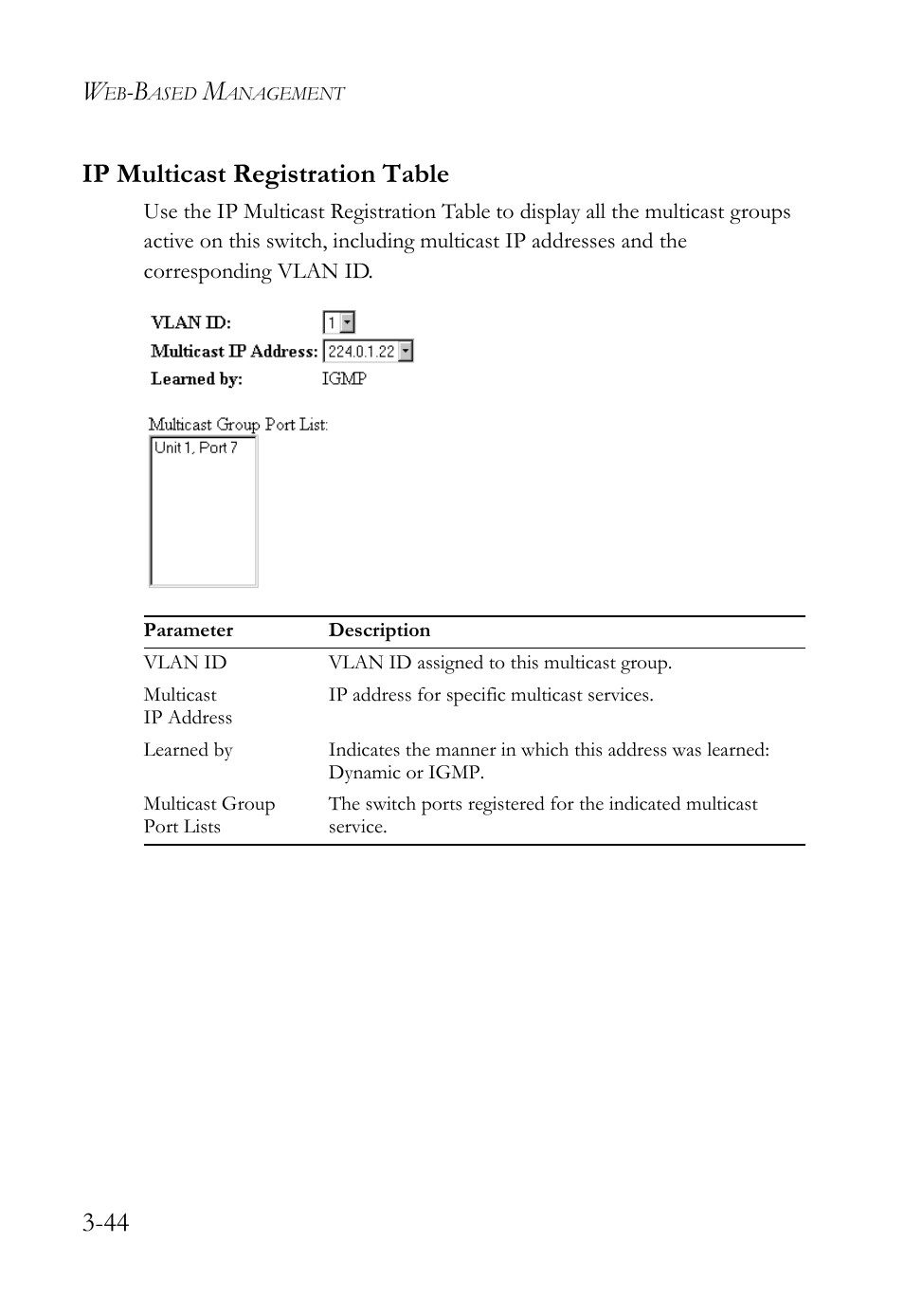 Ip multicast registration table, Ip multicast registration table -44, 44 ip multicast registration table | SMC Networks TigerStack 100 1000BASE-X User Manual | Page 138 / 178
