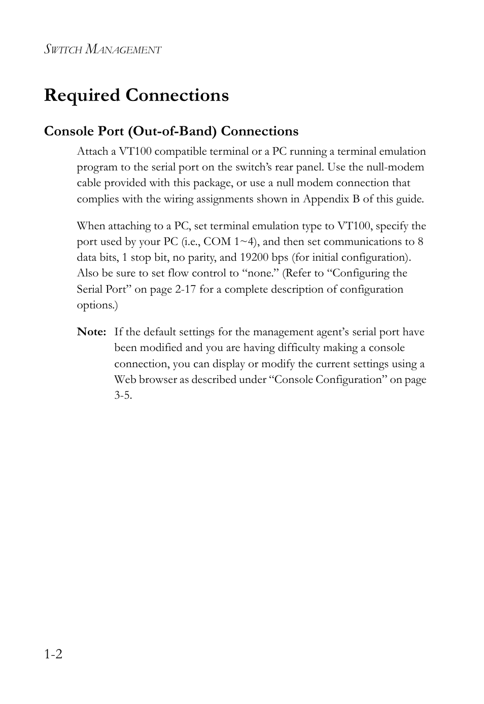 Required connections, Console port (out-of-band) connections, Required connections -4 | Console port (out-of-band) connections -4 | SMC Networks TigerStack 100 1000BASE-X User Manual | Page 14 / 178