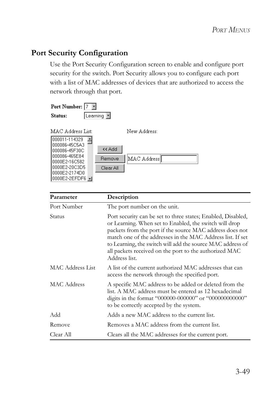 Port security configuration, Port security configuration -49, 49 port security configuration | SMC Networks TigerStack 100 1000BASE-X User Manual | Page 143 / 178