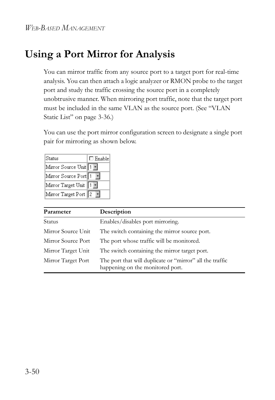 Using a port mirror for analysis, Using a port mirror for analysis -50 | SMC Networks TigerStack 100 1000BASE-X User Manual | Page 144 / 178