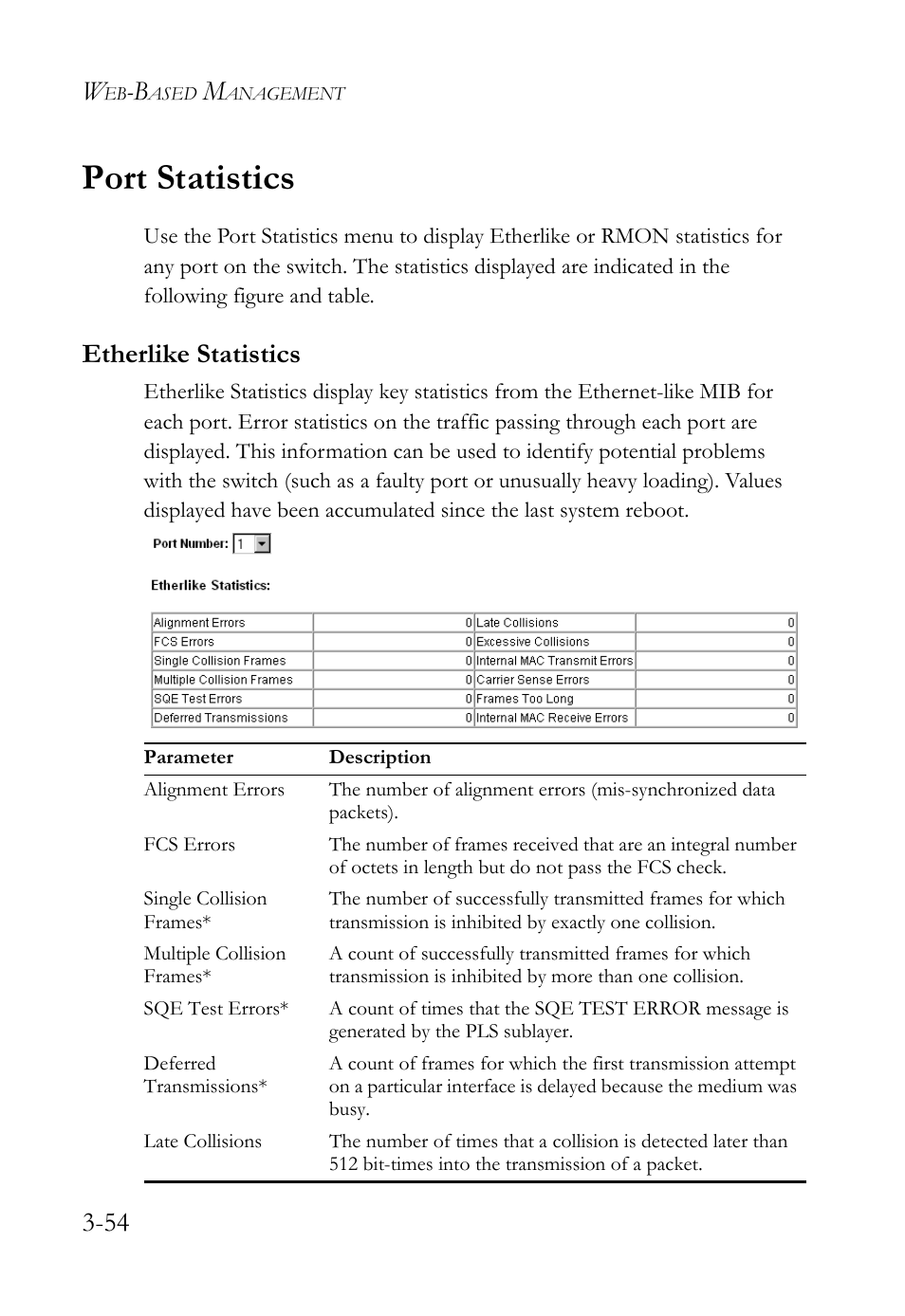 Port statistics, Etherlike statistics, Port statistics -54 | Etherlike statistics -54 | SMC Networks TigerStack 100 1000BASE-X User Manual | Page 148 / 178
