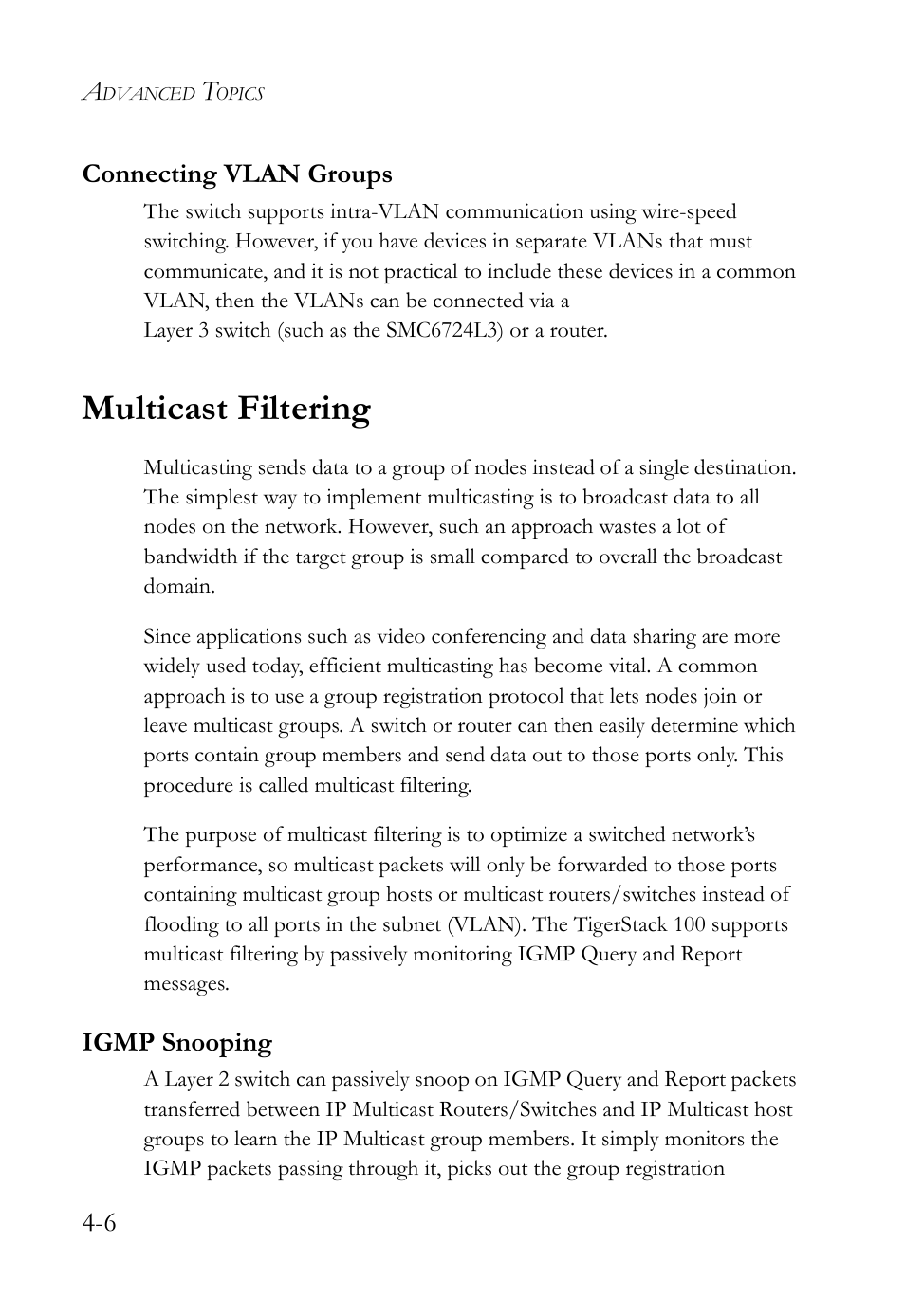 Connecting vlan groups, Multicast filtering, Igmp snooping | Connecting vlan groups -6, Multicast filtering -6, Igmp snooping -6 | SMC Networks TigerStack 100 1000BASE-X User Manual | Page 158 / 178