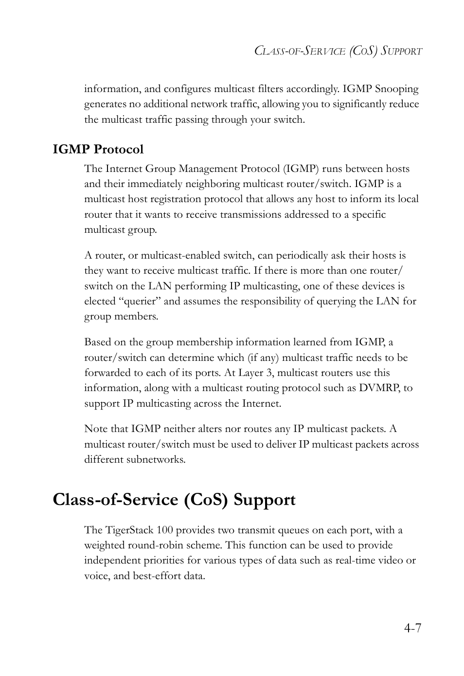 Igmp protocol, Class-of-service (cos) support, Igmp protocol -7 | Class-of-service (cos) support -7 | SMC Networks TigerStack 100 1000BASE-X User Manual | Page 159 / 178