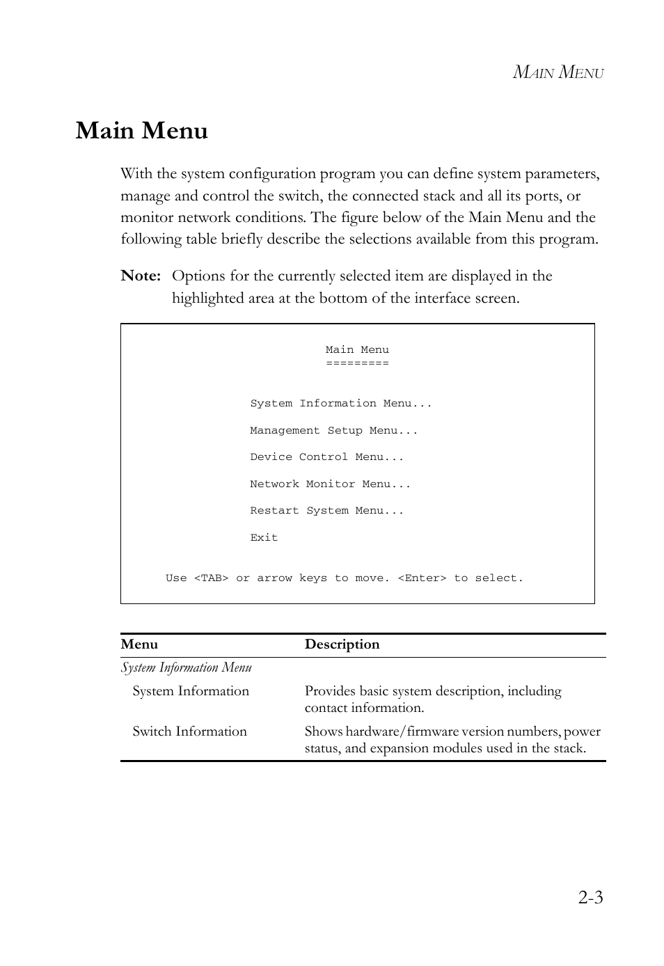 Main menu, Main menu -3 | SMC Networks TigerStack 100 1000BASE-X User Manual | Page 21 / 178