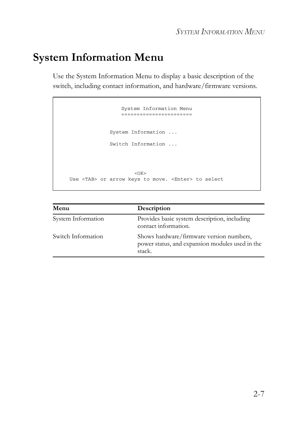System information menu, System information menu -7 | SMC Networks TigerStack 100 1000BASE-X User Manual | Page 25 / 178