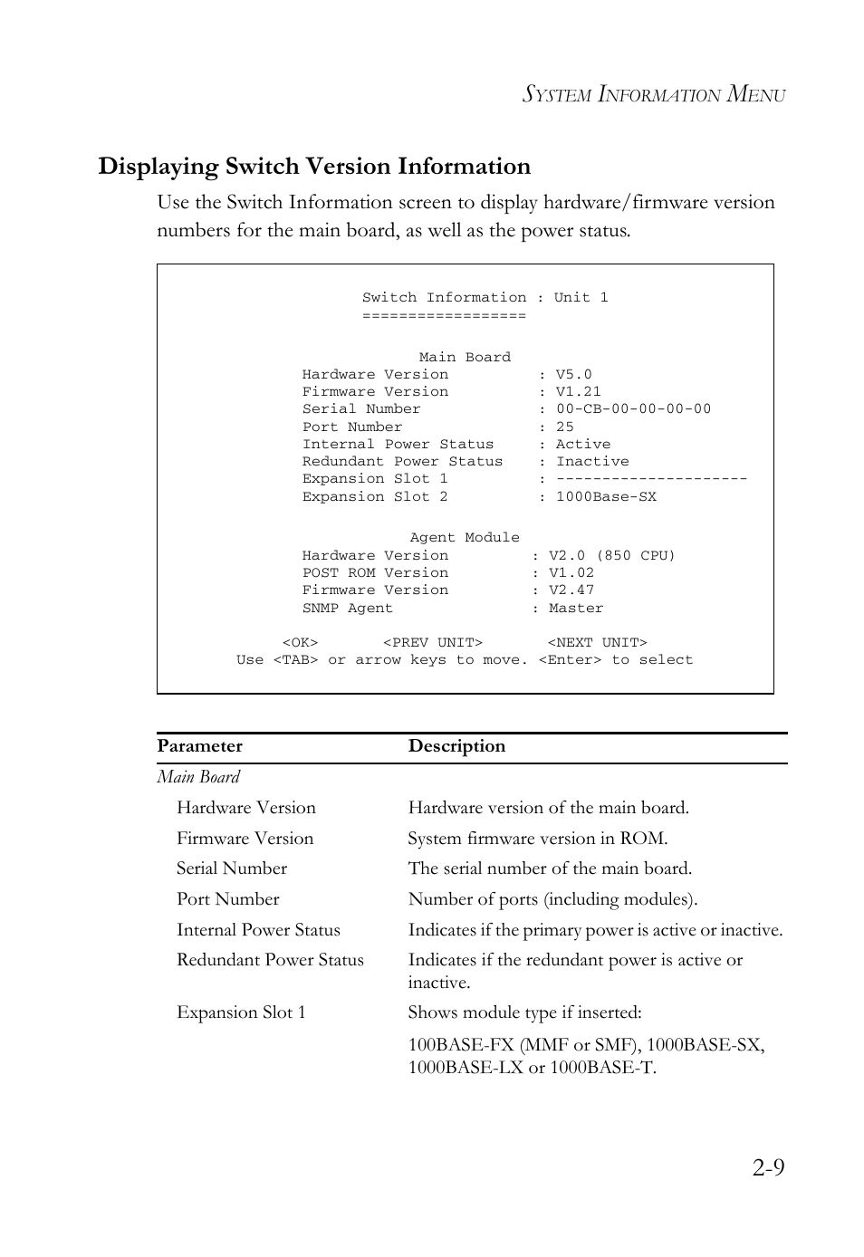 Displaying switch version information, Displaying switch version information -9, 9 displaying switch version information | SMC Networks TigerStack 100 1000BASE-X User Manual | Page 27 / 178