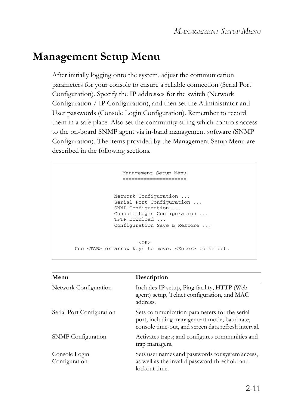 Management setup menu, Management setup menu -11 | SMC Networks TigerStack 100 1000BASE-X User Manual | Page 29 / 178
